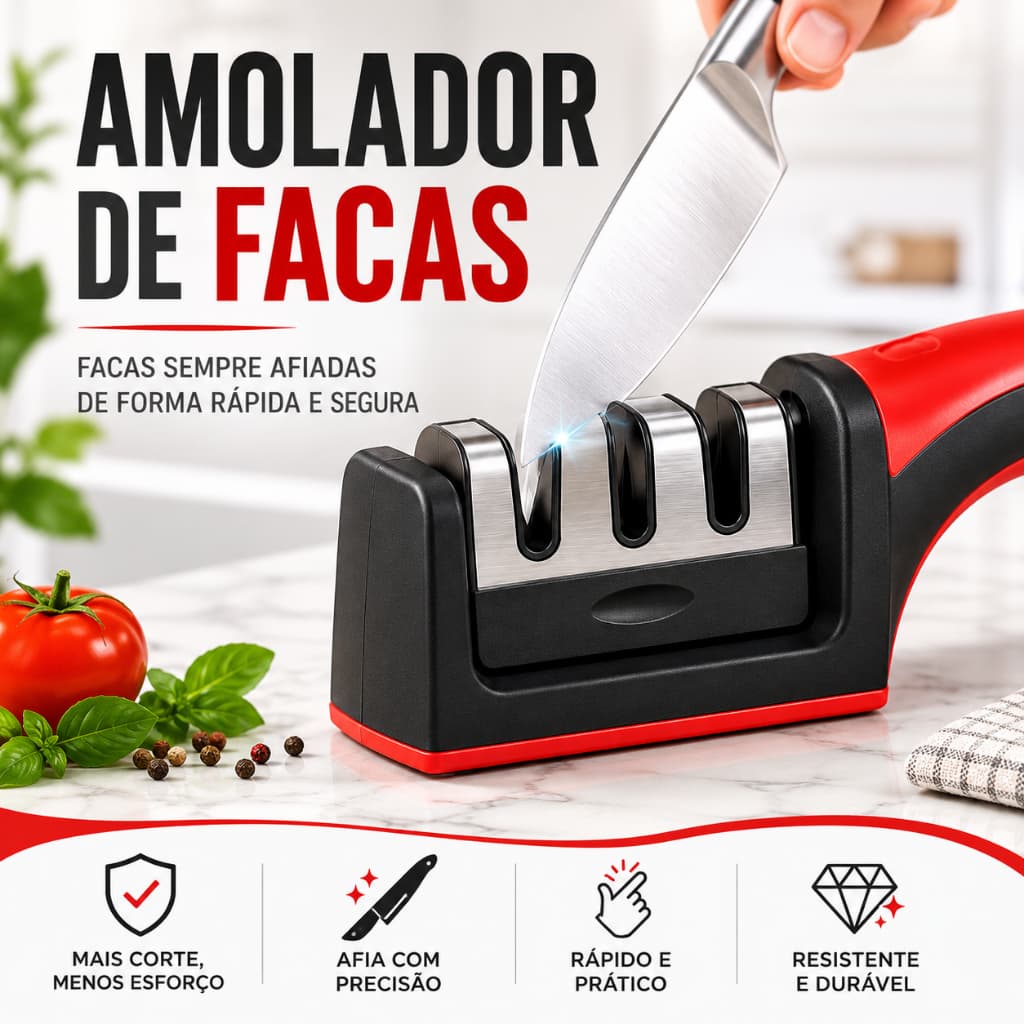Amolador Original Afiador De Facas Em Aço Inox Resistente Com 3 Afiadores Profissional Utilidades