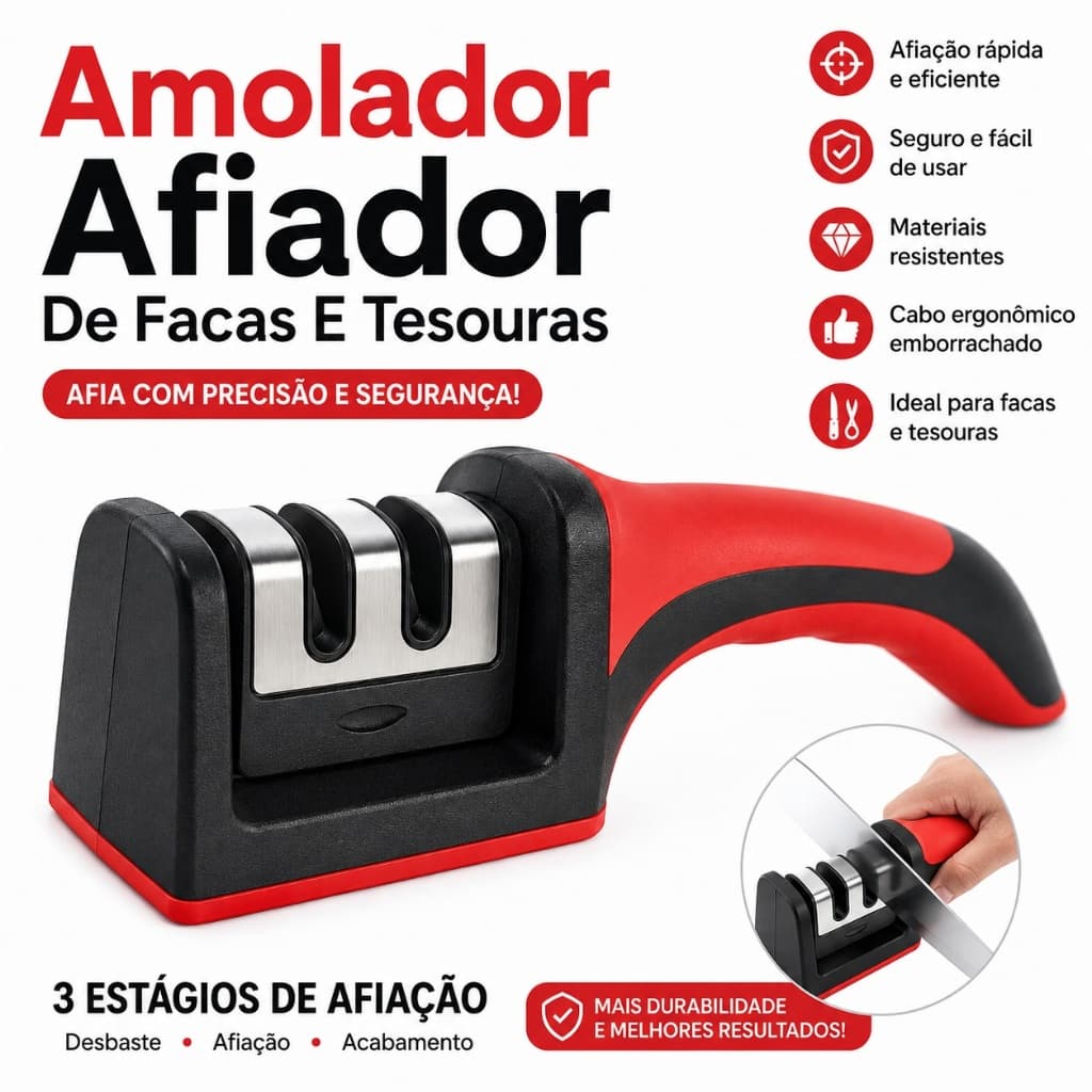 Amolador Afiador De Facas E Tesouras Profissional 3 Estágios Aço Inox Antiderrapante