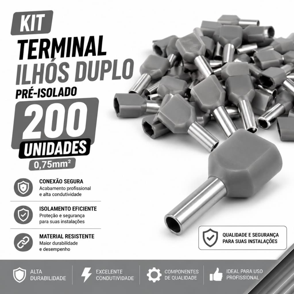 Kit 200 Terminal Ilhós Duplo Pre Isolado 0,75mm Cinza