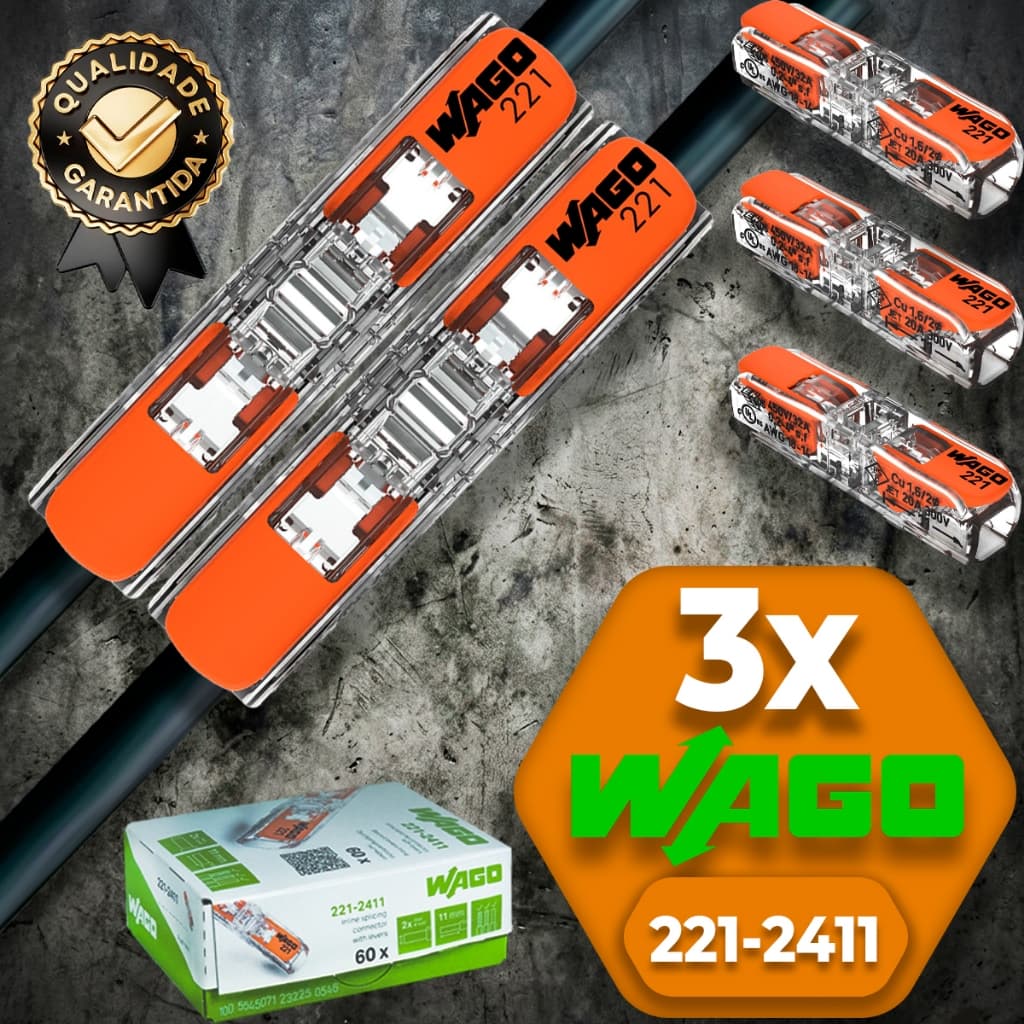 Conector de Fio Elétrico Wago Conector Wago 221-2411 Emenda 4mm² conexão automática Kit 3 peças