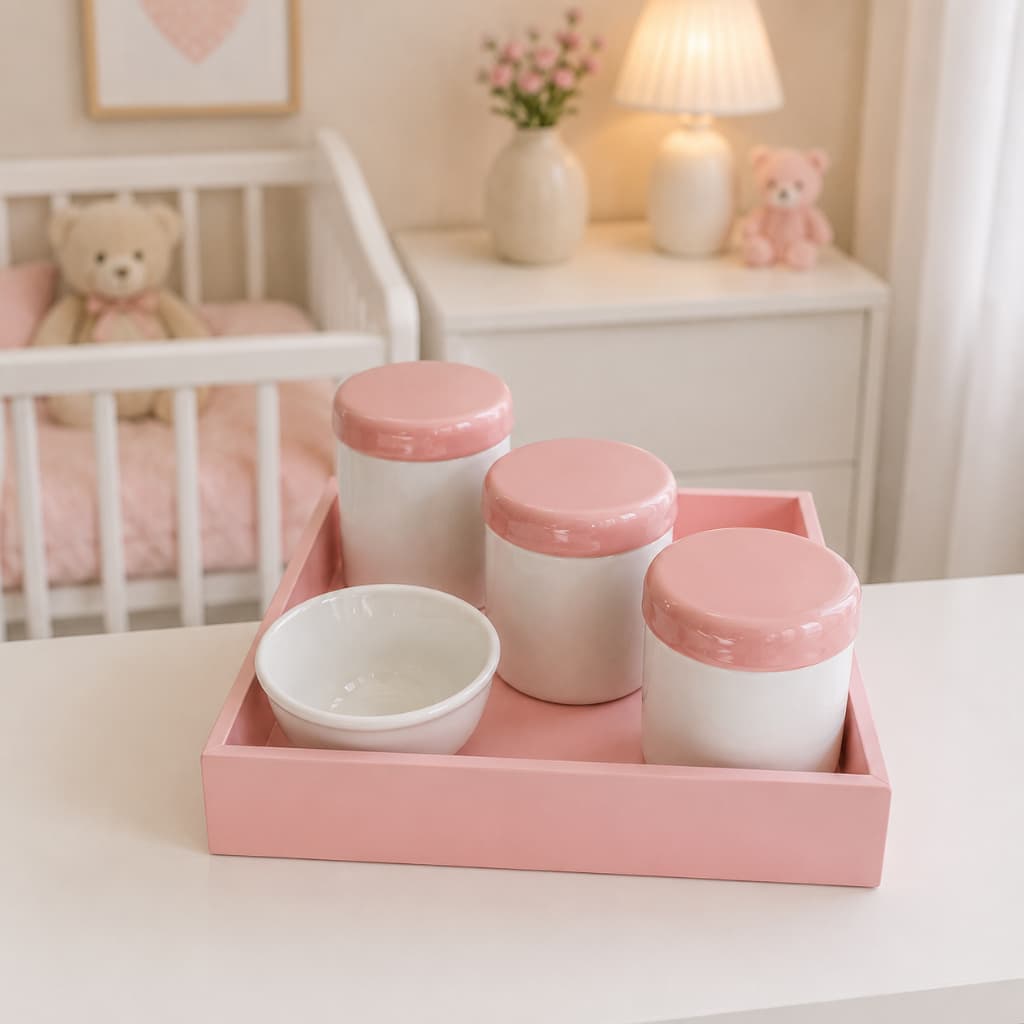 Kit Higiene Bebê Porcelana Branco Gelo Bandeja MDF Rosa 5 Peças Potes Tampa Rosa e Molhadeira