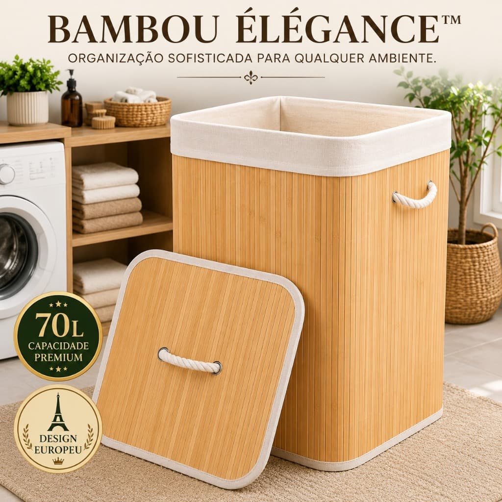 Cesto de Bambu para Roupas 70L com Tampa e Alças Organizador Dobrável Lavanderia Premium