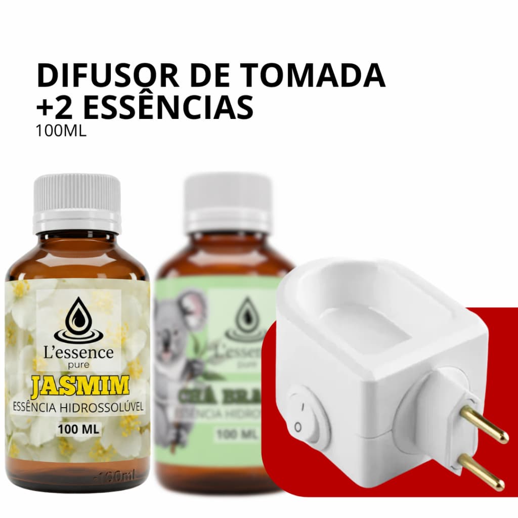 Difusor de Tomada Elétrico + 2 Essências 100ml Hidrossolúveis | Aromatizador de Ambientes Casa Escritório