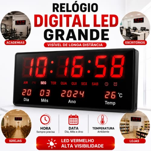 Relógio Digital Grande LED Vermelho Parede Hora Data Temperatura Calendário Eletrônico Academia Loja Recepção