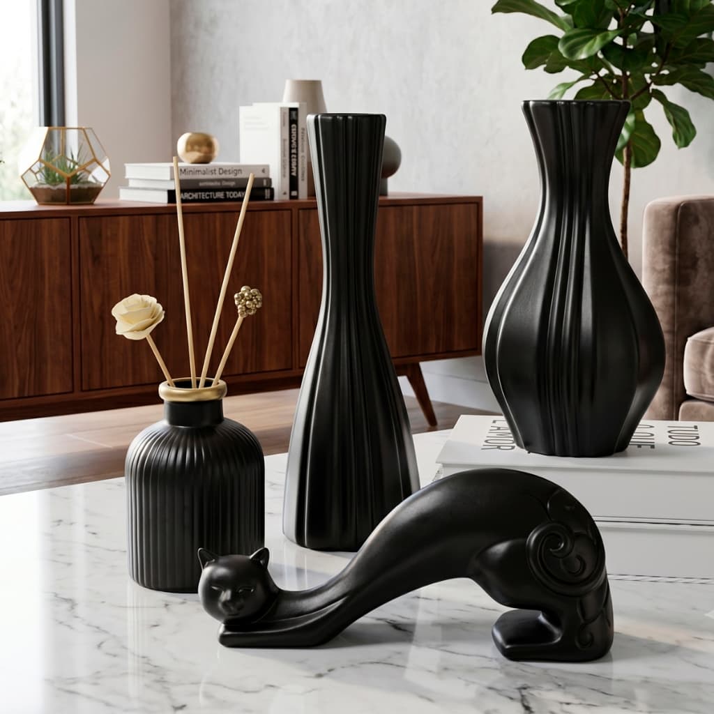 Conjuntos Decorativo Luxo 4 Peças Vasos Cerâmica Enfeites para Rack e Centro Mesa Decorar Casa Sala