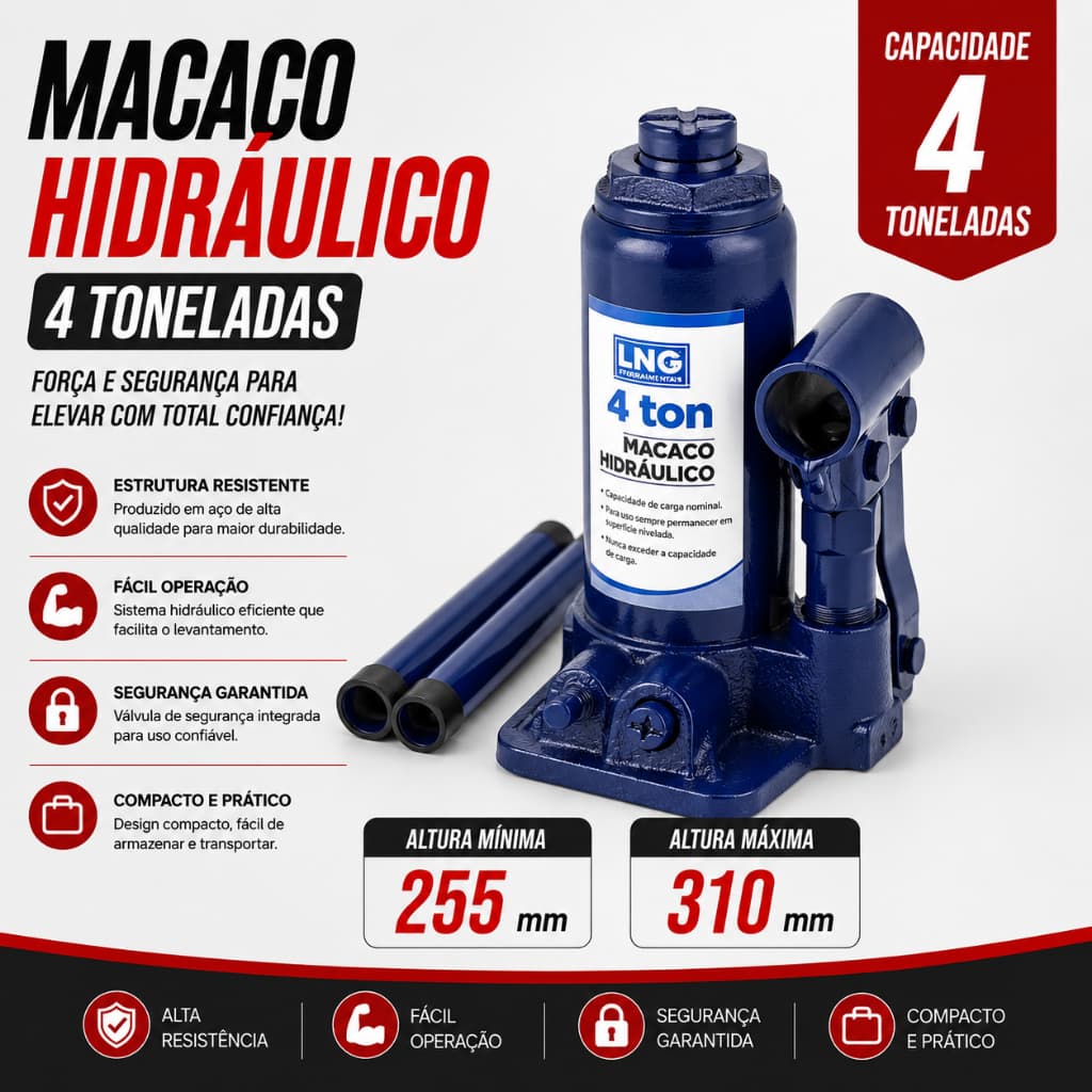 Macaco Hidráulico 4t Tipo Garrafa LNG Original Azul - Compacto e Resistente