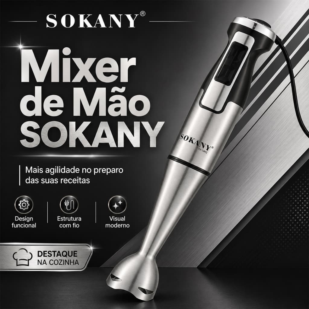 Mixer De Mão 2 Velocidades Sokany 500W Inox Triturador Para Sopas Molhos Vitaminas Frutas 110V 220V