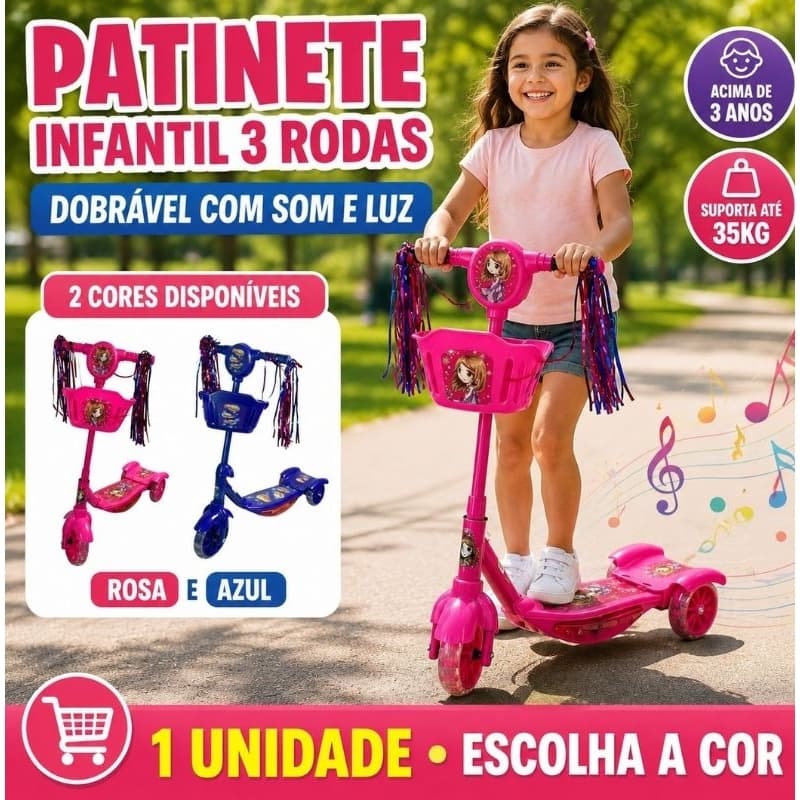 Patinete Infantil 3 Rodas Dobrável Com Som Luz Cestinha Freio Rosa Azul Até 35kg