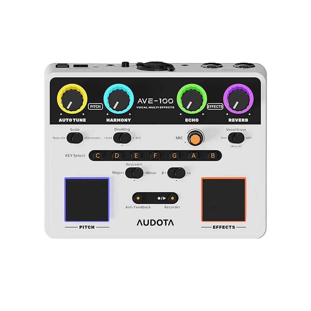 Processador vocal Audota Ave-100 com modos de reverberação, delay, correção de tom e harmonia — detecção automática de