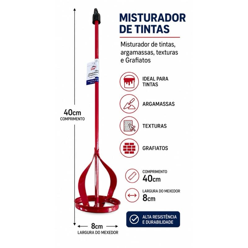 Misturador de Tintas 40cm para Furadeira | Mexedor 8cm | Ideal para Tintas, Argamassas, Texturas e Grafiatos