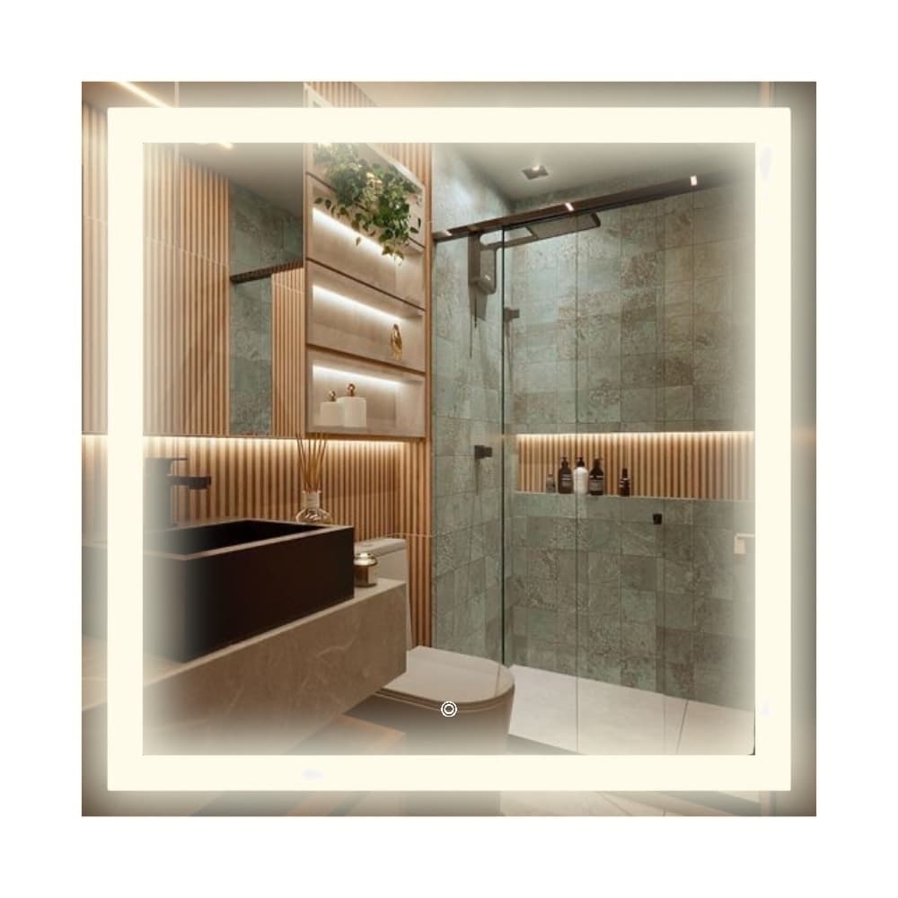 Espelho LED Decorativo Quadrado 70x70 Jateado Iluminado Com Led 3 tons Com Botao Touch