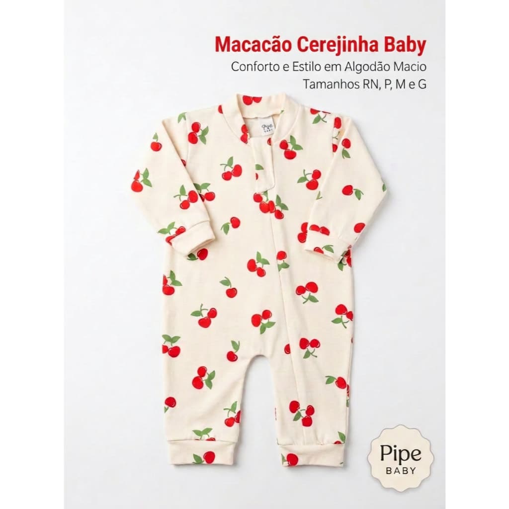 Macacão bebê feminino estampa cerejinha, estilo e conforto em malha fio 30, 100% algodão
