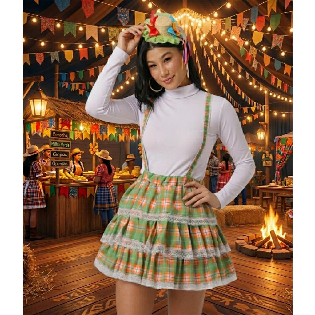 Saia Junina Xadrez Feminina Rodada com Renda e Elástico Festa Junina Adulto