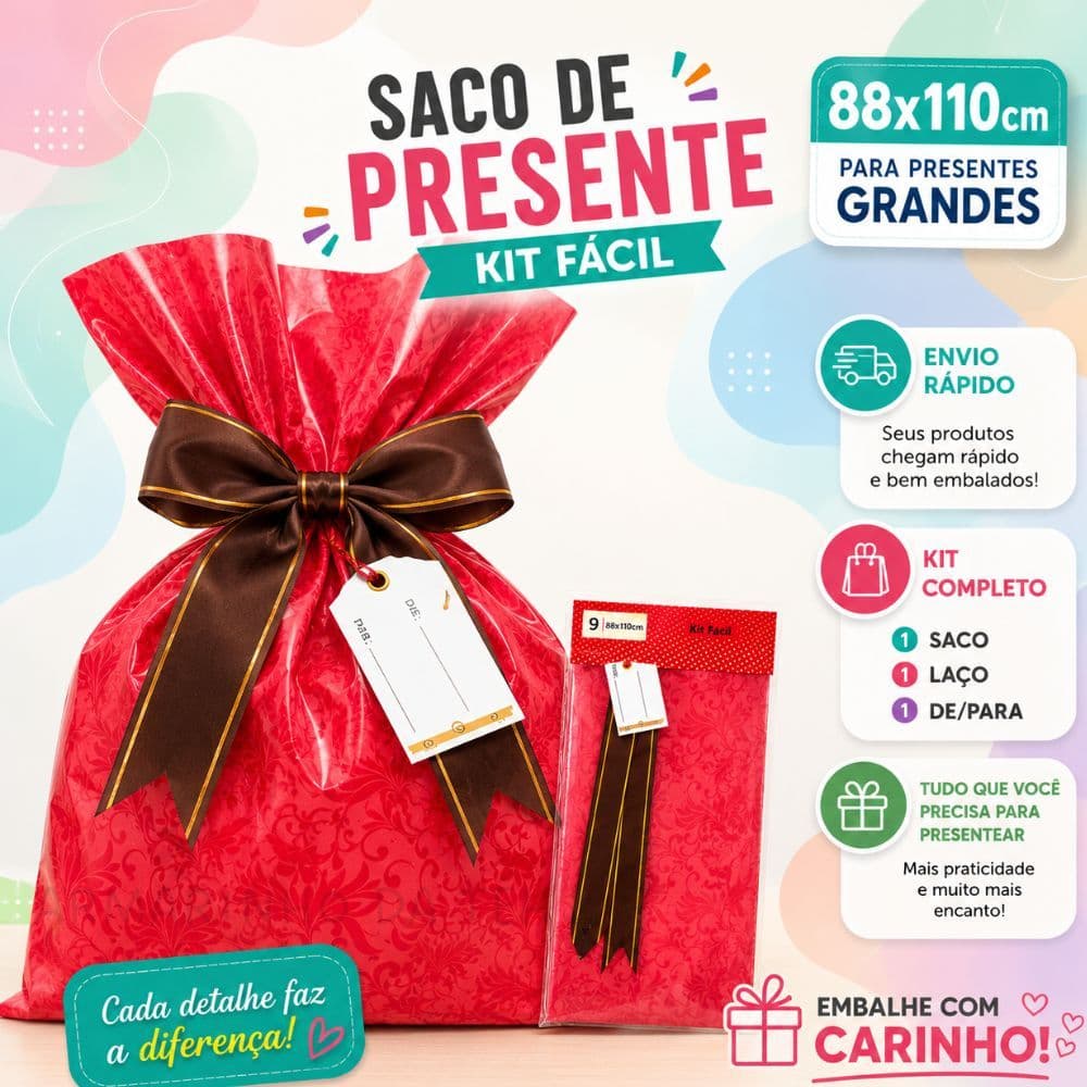 SACO/EMBALAGEM GRANDE KIT FÁCIL PARA PRESENTE  88CM X 110CM