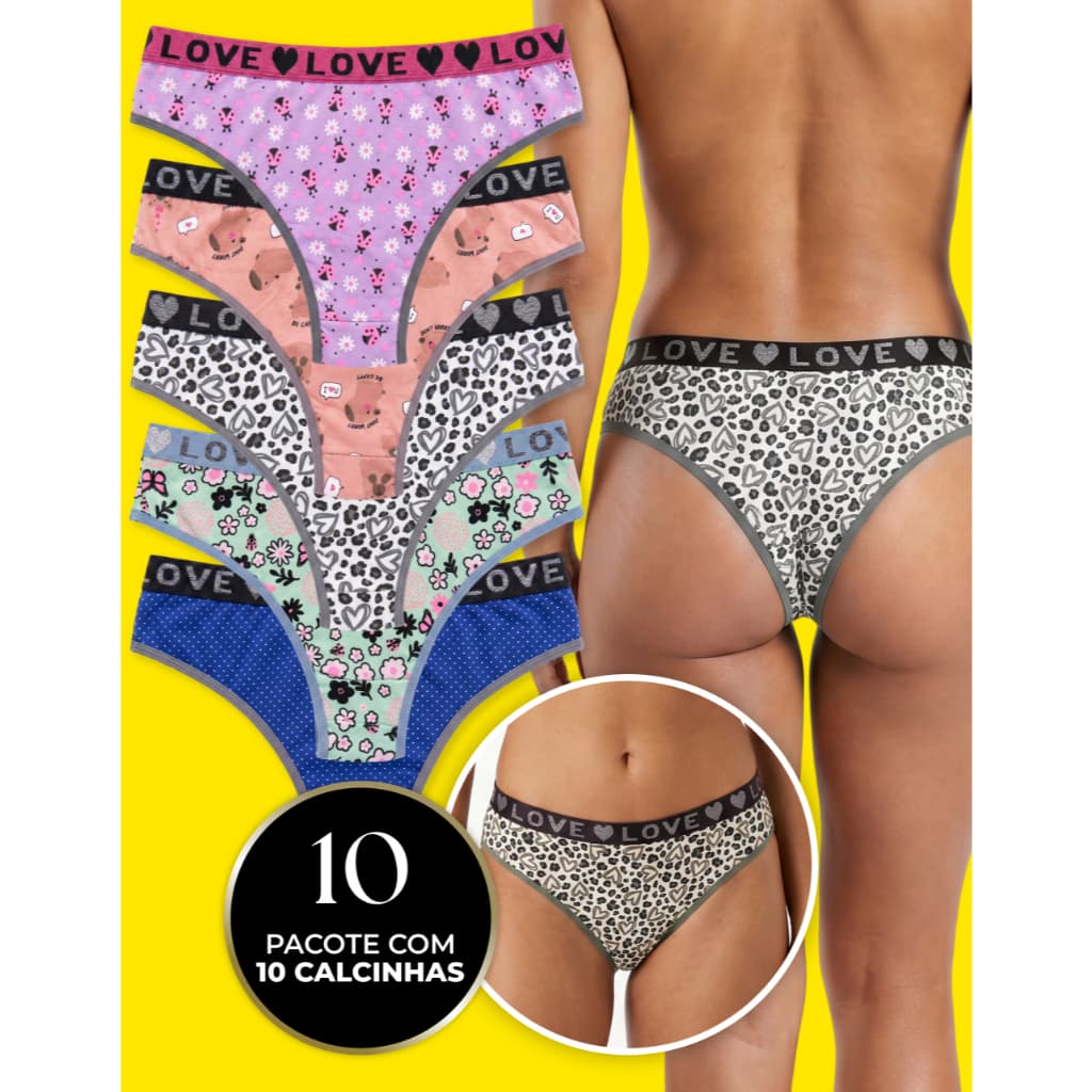 Kit 10 Calcinhas 100% Algodão Premium Cintura Alta Cos Largo Boxer Tanga Transparente Invisível