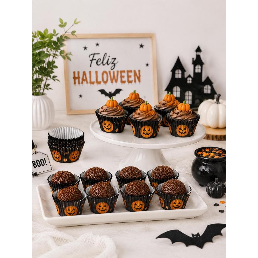 50 Forminha Forma Forneável para Cupcake e Mini Cupcake Muffin Reiki Decoração Festa De Halloween
