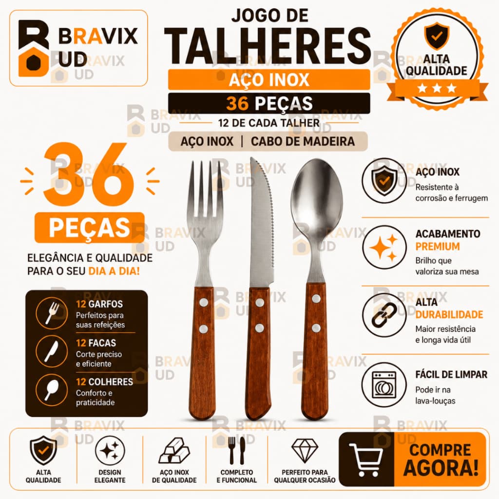 Jogo de Talheres 36 PEÇAS de Cozinha Inox CABO DE MADEIRA 12 Garfos + 12 Facas + 12 Colheres de Mesa Talher