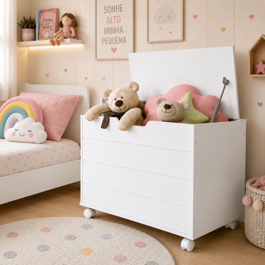 Baú Caixa de Brinquedos em MDF com Tampa Organizador Pés Rodízios Rodinha Toy