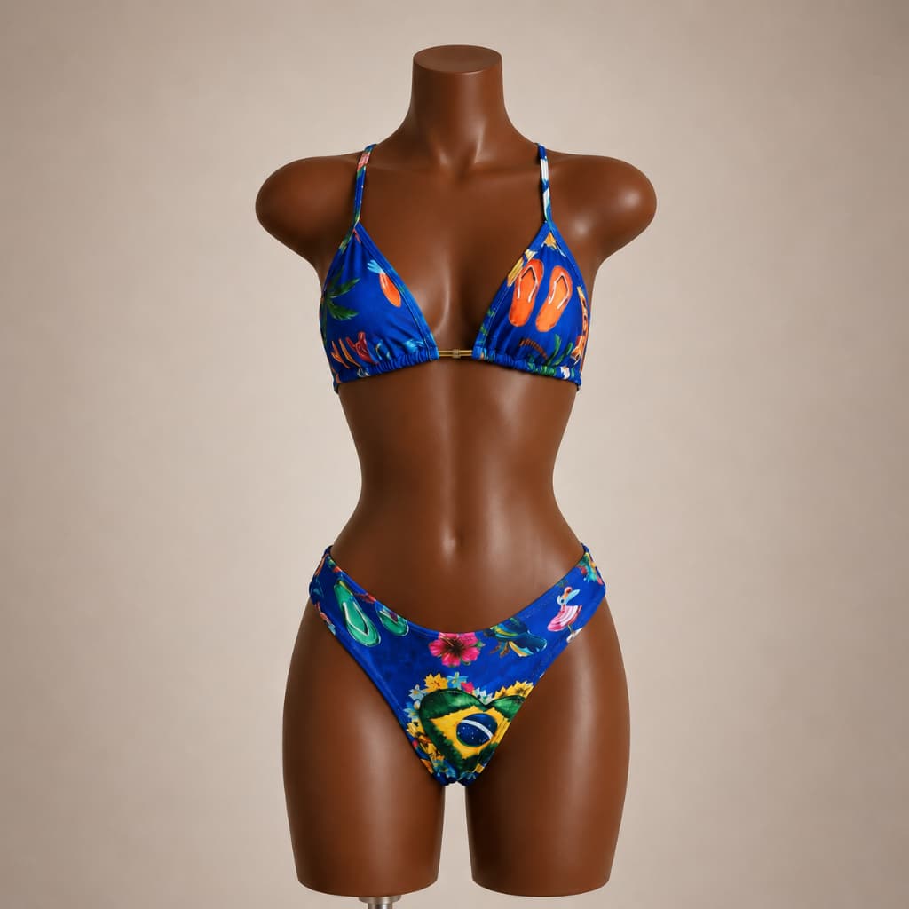 Conjunto Biquíni Cortininha + Shortinho | Look Feminino Praia Verão Estiloso e Colorido Estampa do BRASIL Trikini