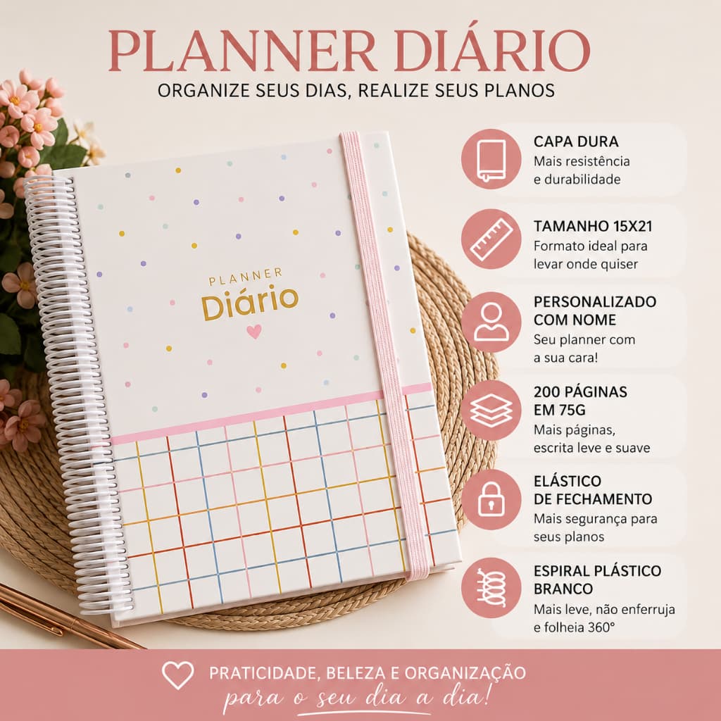 PLANNER DIÁRIO PERMANENTE PERSONALIZADO COM NOME - CAPA DURA - A5 - 15X21 CM