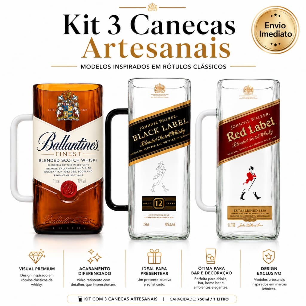 Kit 3 Canecas De Vidro Artesanal BBR  Alta Qualidade Capacidade Alta Alça Premium Envio Imediato