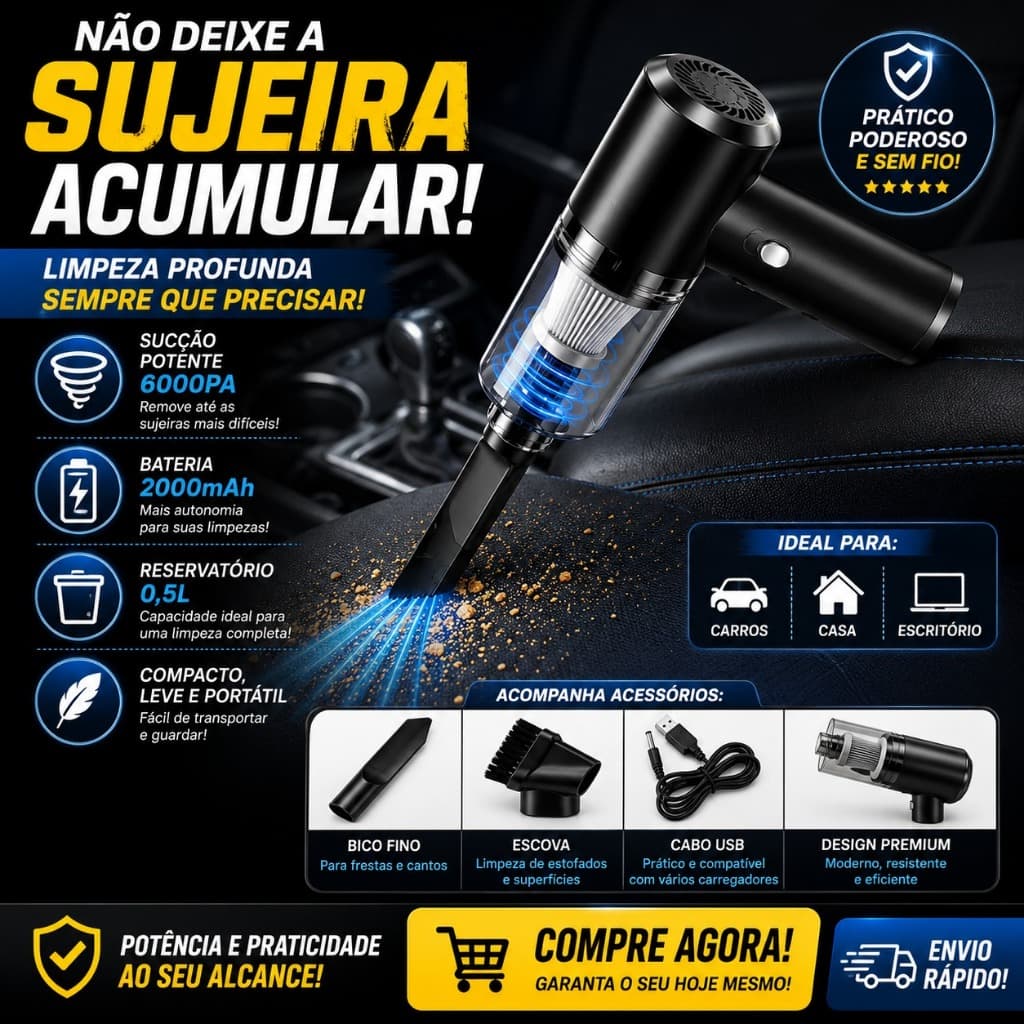 Aspirador Automotivo Portátil Recarregável Sem Fio Potente Mini Aspirador Premium Alta Sucção