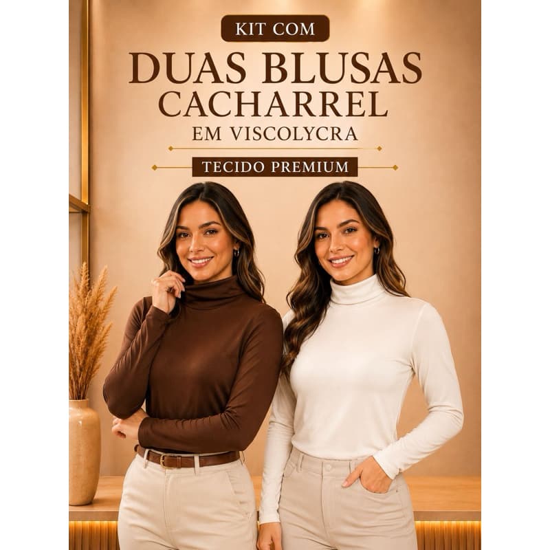 Kit 2 Blusa Feminina Gola Alta Manga Longa Cacharrel Segunda Pele Básica Inverno Elegante