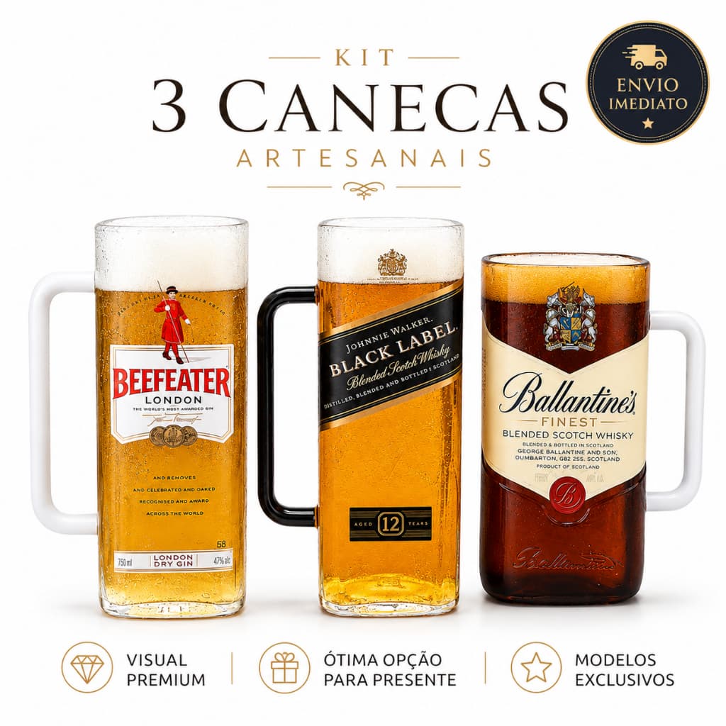 Kit 3 Canecas Artesanais 750ml Caneca de Vidro Alta Qualidade