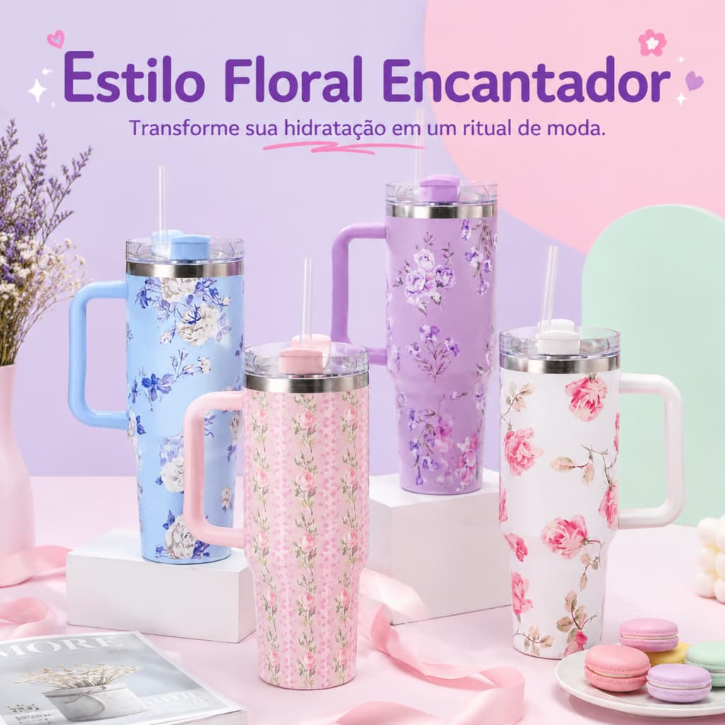 Garrafa Térmica de Água 1,2L com Alça e Canudo, Copo Termico Inox Parede Dupla, Mantém Quente e Frio, Estampa Floral