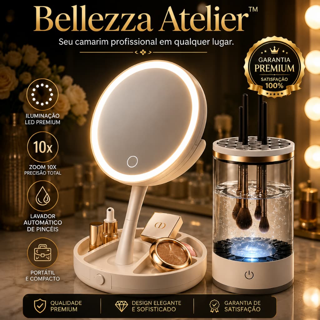 Espelho LED Maquiagem Profissional Zoom 10x + Lavador Automático de Pincéis e Organizador
