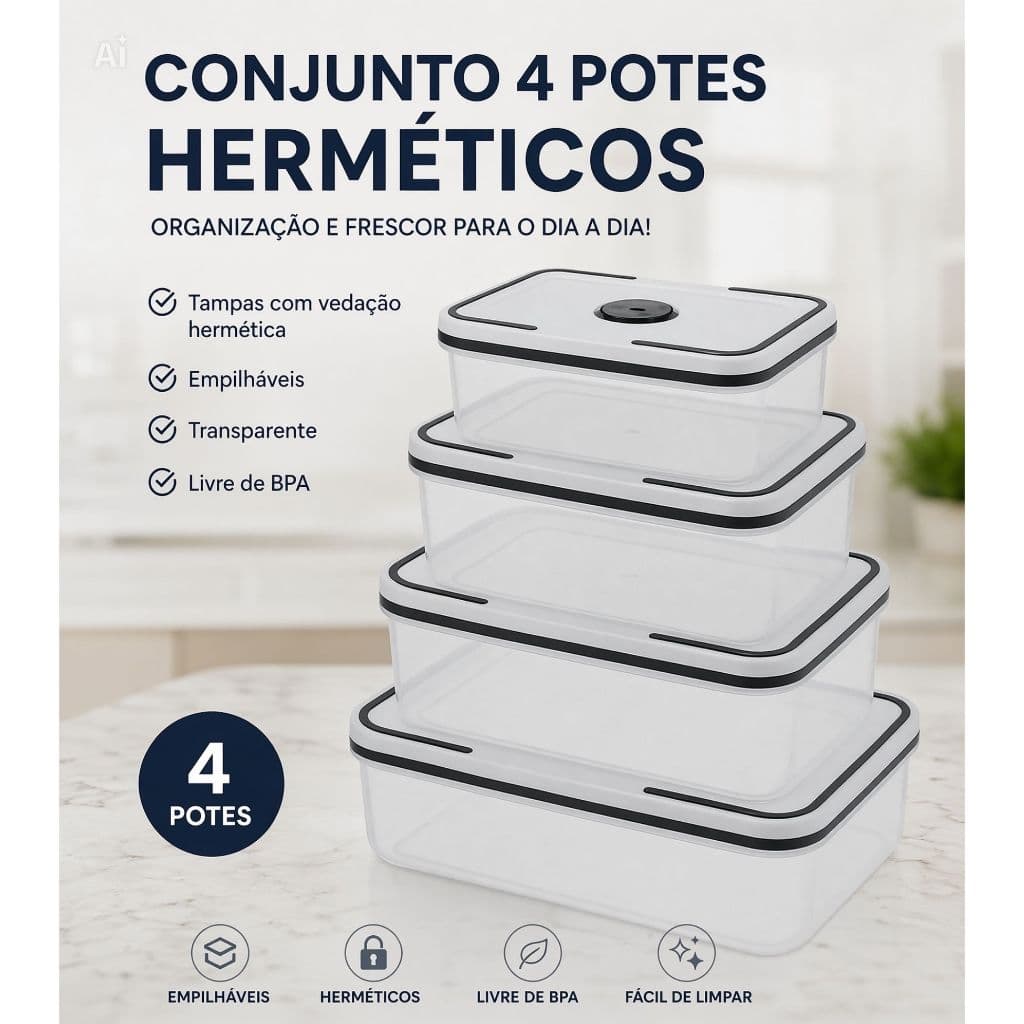 Potes Herméticos Top Rio de Plástico Branco Retangular com 4 Unidades Com Válvulas nas Tampas