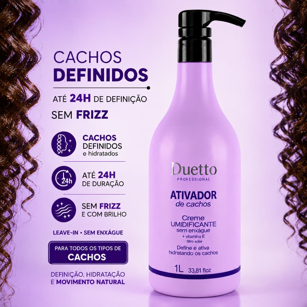Ativador de Cachos Duetto 1L Creme Sem Enxágue Antifrizz Cabelos Secos e Ressecados