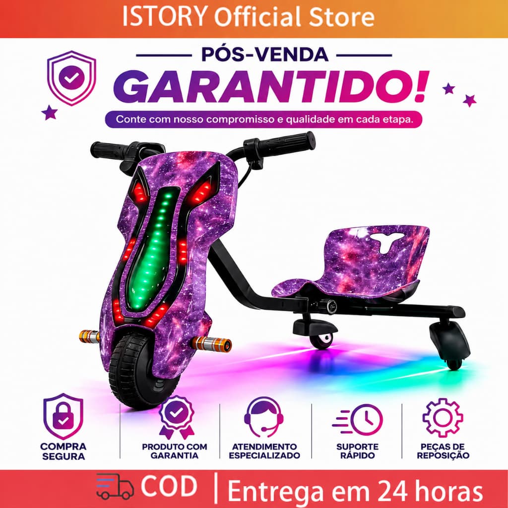 Triciclo Elétrico Drift 350W Infantil e Adulto, 3 Velocidades, Bluetooth, Luz LED, Roda 8 Polegadas