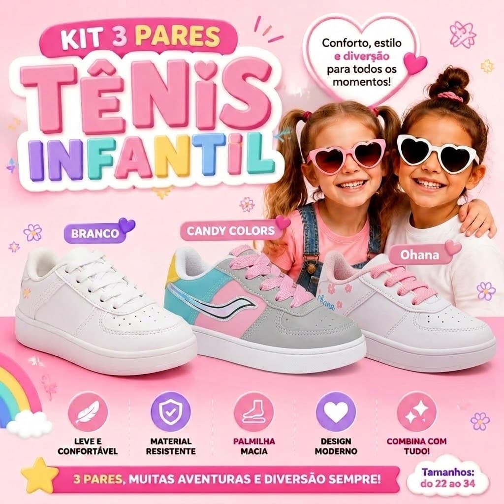 Kit 3 Pares Tênis Infantil Feminino IT Shoes Casual Conforto Macio Escola E Passeio Diário