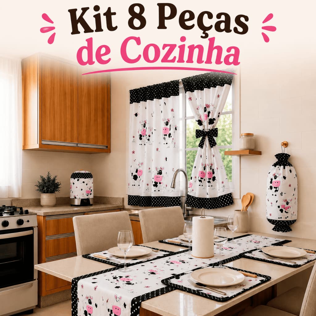 Kit Jogo 8 Peças Cozinha Estampado Cortina Capa Liquidificador Puxa Saco Jogo Americano Tecido Oxford
