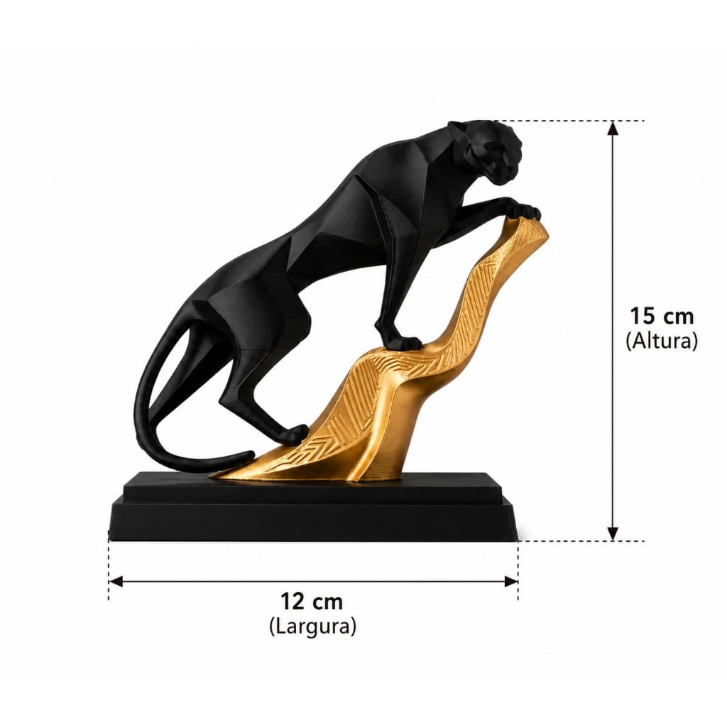 Escultura Decorativa Pantera Negra Geométrica com Base Dourada – Estátua Moderna para Mesa, Estante e Escritório (15 cm)