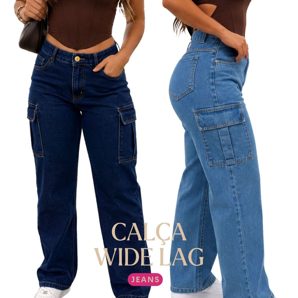 Calça Jeans Wide Leg Cargo Feminina Cintura Alta Com Bolso Lateral Calça Wide Leg 38 ao 46 Moda Plus Size