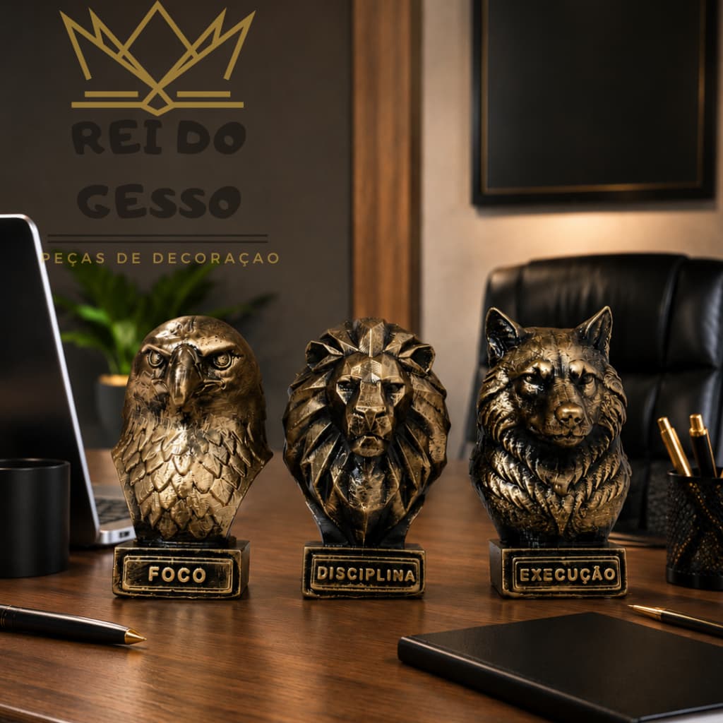 Trio Motivação Esculturas Decorativas Leão Lobo Águia Enfeite Mesa Sala Escritório Premium