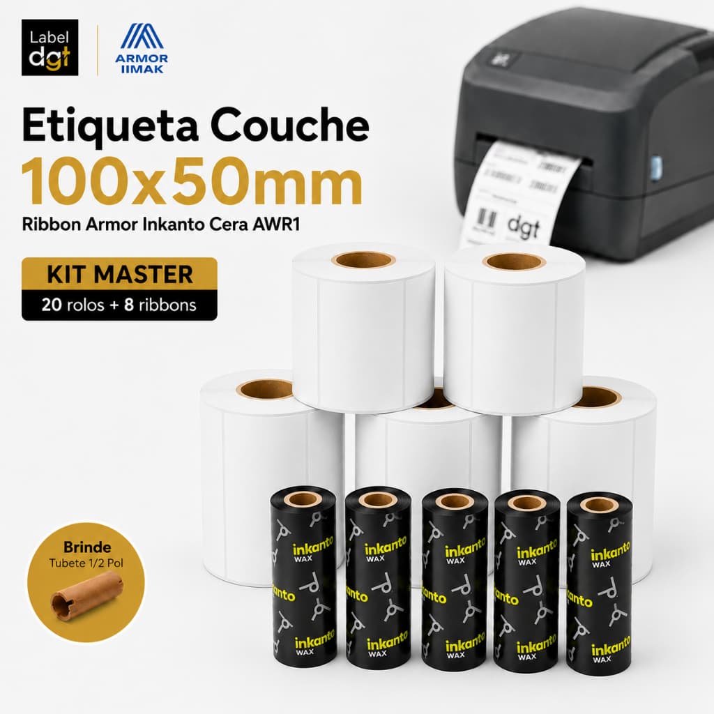 Kit 20 Etiquetas Couche 100x50 + 8 Ribbons Cera 110x74 Armor Inkanto Zebra Argox Envios Ecommerce