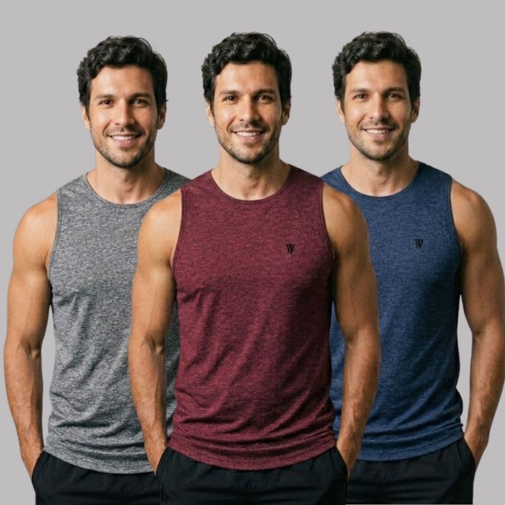 Kit 3 Camisetas Regata Masculina Dry Fit UV Fitness Sem Manga