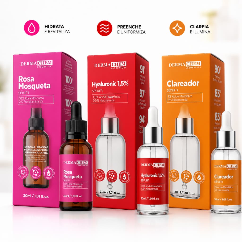 Kit Clareador De Manchas Rosto skin care Anti Idade C/ 3 Sérum Dermachem Rosa Mosqueta + Acido Hialuronico + Niacinamida