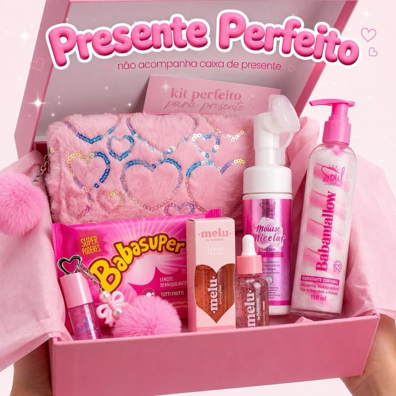 Kit Beleza Infantil Menina Presente Completo Melu Necessaire Pelúcia Sérum Lip Oil Mousse Micelar 6 Itens Presente