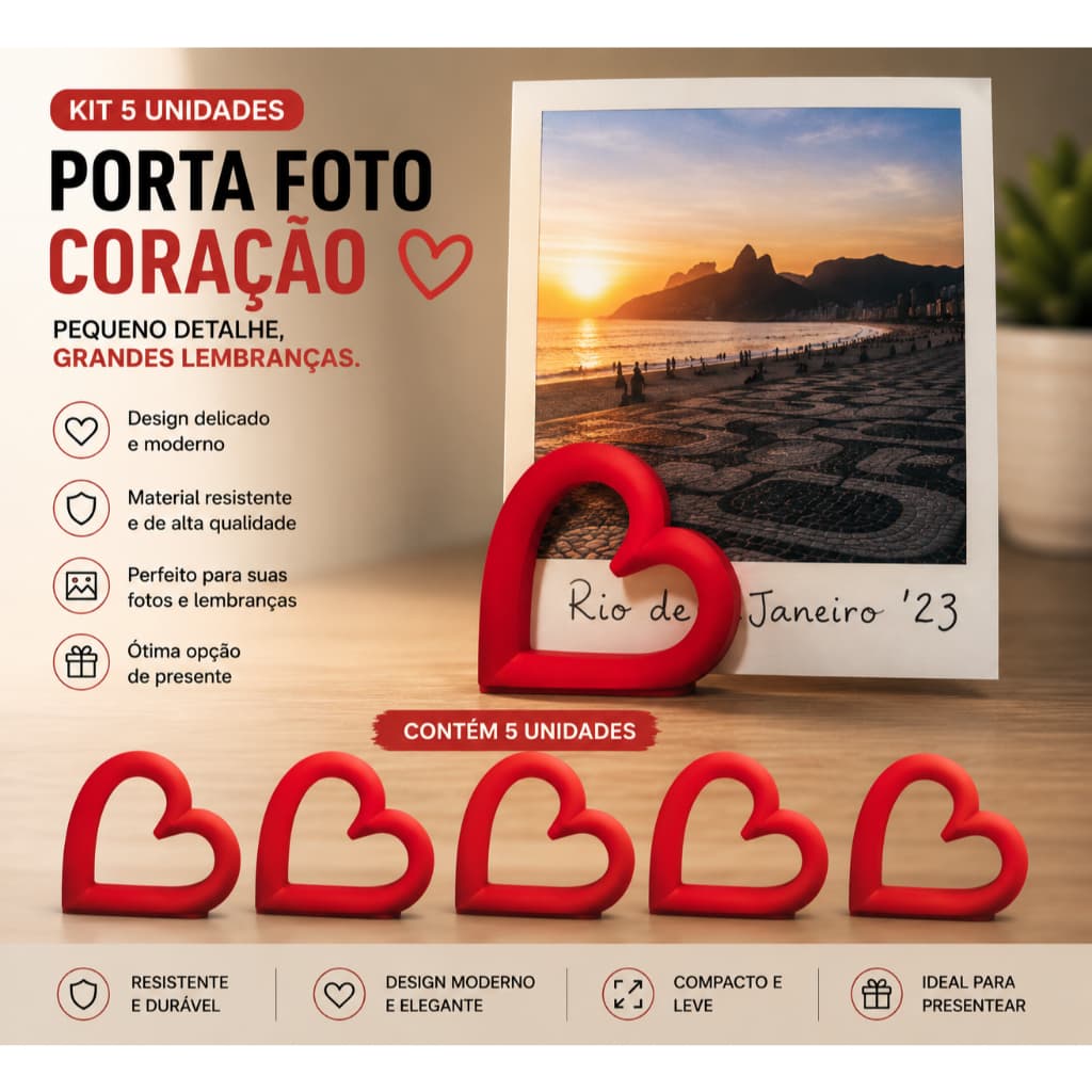 Kit com 5 Porta Fotos Coração – Suporte para Fotos Instantâneas, Polaroid e Lembranças