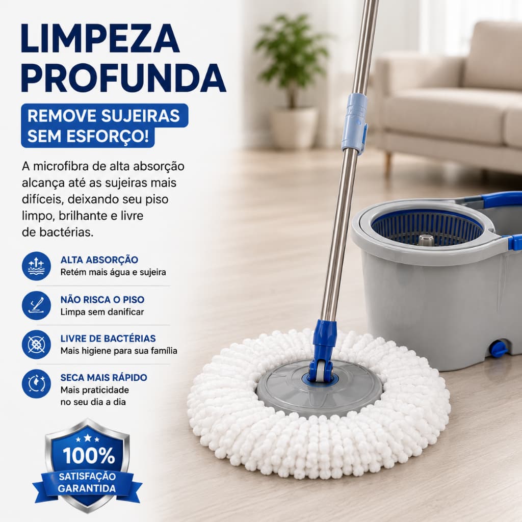 Mop Giratório Limpeza Fácil Secagem Rápida Balde Duplo Prático Domestico