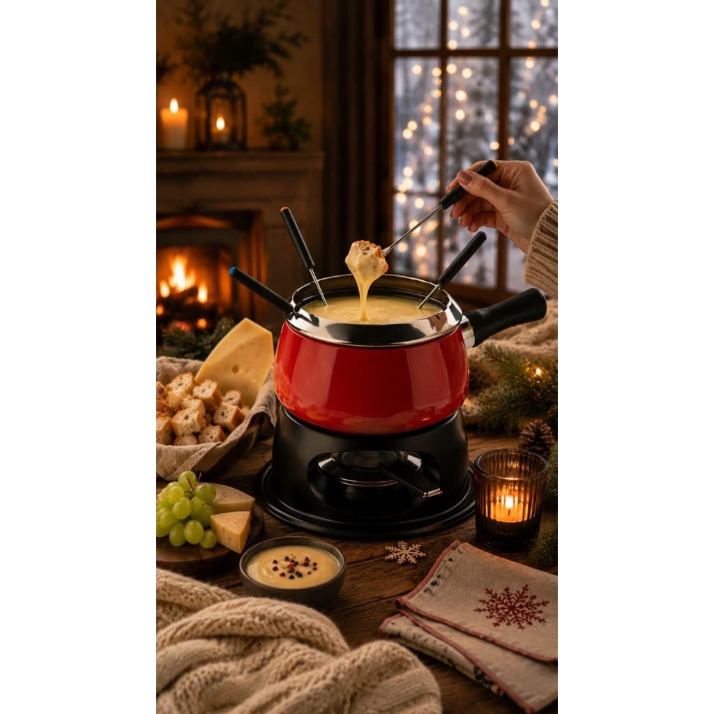 Aparelho De Fondue Esmaltado Cervinia 12 peças Vermelha 1,4 Litro Para Chocolate Queijo Carnes Com Óleo Kit  Mesa Servir