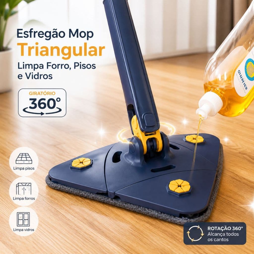 Mop Rodo Azul Escuro Esfregão Mop Triangular Limpa Forro Pisos E Vidros Giratório 360