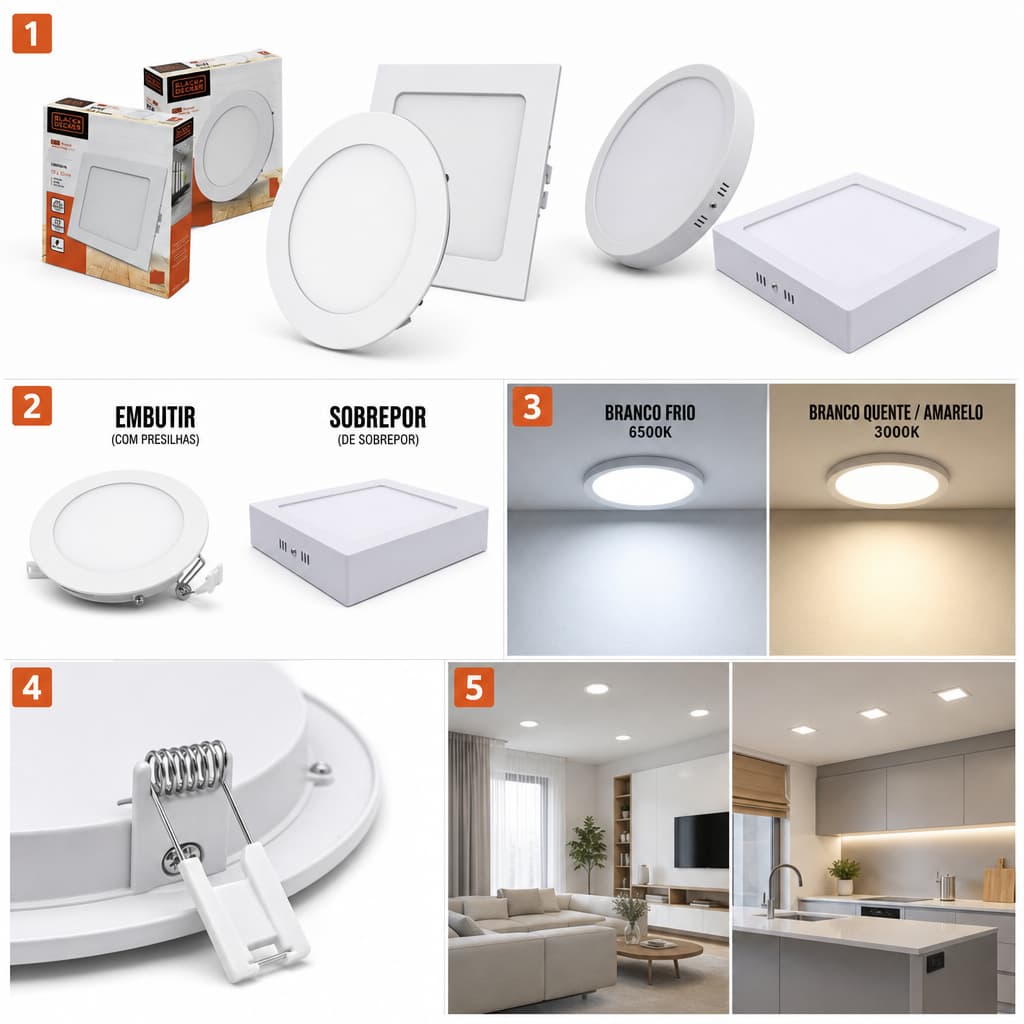 Painel de LED 18W Quadrado Redondo Embutir Sobrepor Bivolt Branco Amarelo