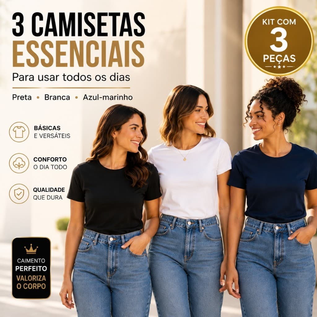 Kit 3 Camiseta Feminina Básica Lisa Manga Curta Gola Redonda Poliéster Casual Confortável Moda Blogueira