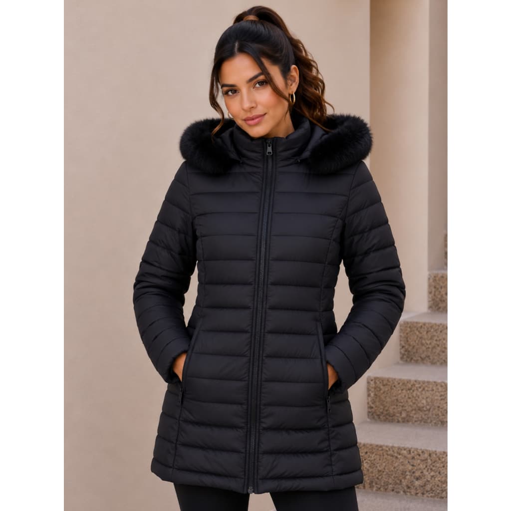 Jaqueta Feminina Inverno Alongada Térmica Forro Peluciado Capuz Com Pelo Removível Moda