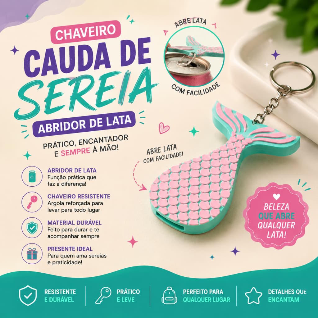 Kit Abridor de Lata Chaveiro Rabo de Sereia Impressão 3D Resistente Personalizado Presente Criativo